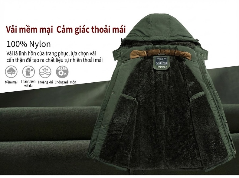 Áo khoác cotton quân sự nam mùa đông thu dáng rộng nhanh khô lót lông có mũ trùm đầu chi tiết 2