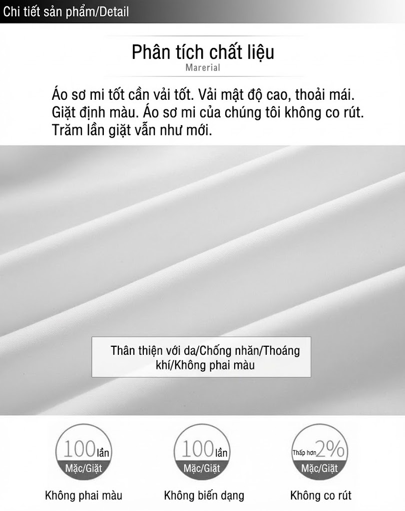 Áo Sơ Mi Dài Tay Nam Kiểu Dáng Slimfit Không Nhăn Cao Cấp Màu Trắng, Đen, Xanh Navy chi tiết 10