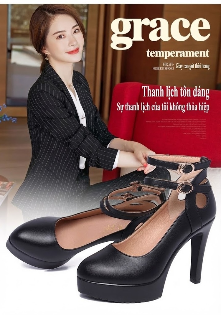 Giày Cao Gót Nữ Mũi Nhọn Quai Cài Da Bóng Chiều Cao Đế Khoảng 8cm Màu Đen, Trắng, Đỏ chi tiết 2