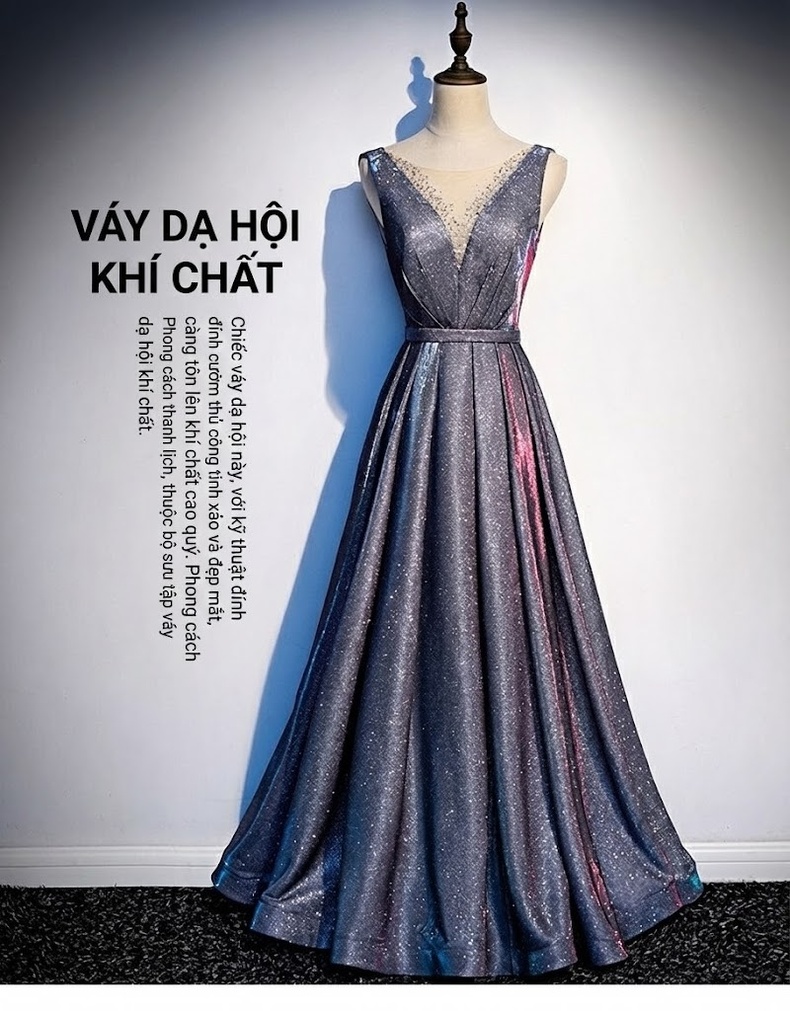 Váy Dạ Hội Dáng Dài Ôm Eo Cổ Chữ V Màu Xanh, Bạc chi tiết 1