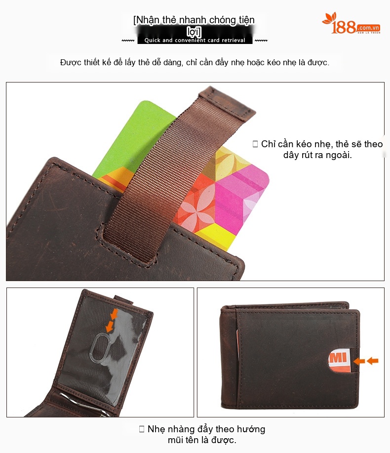 Ví Nam Da Bò Sáp Retro Đựng Thẻ Kéo Rút Chống RFID Màu Nâu chi tiết 4