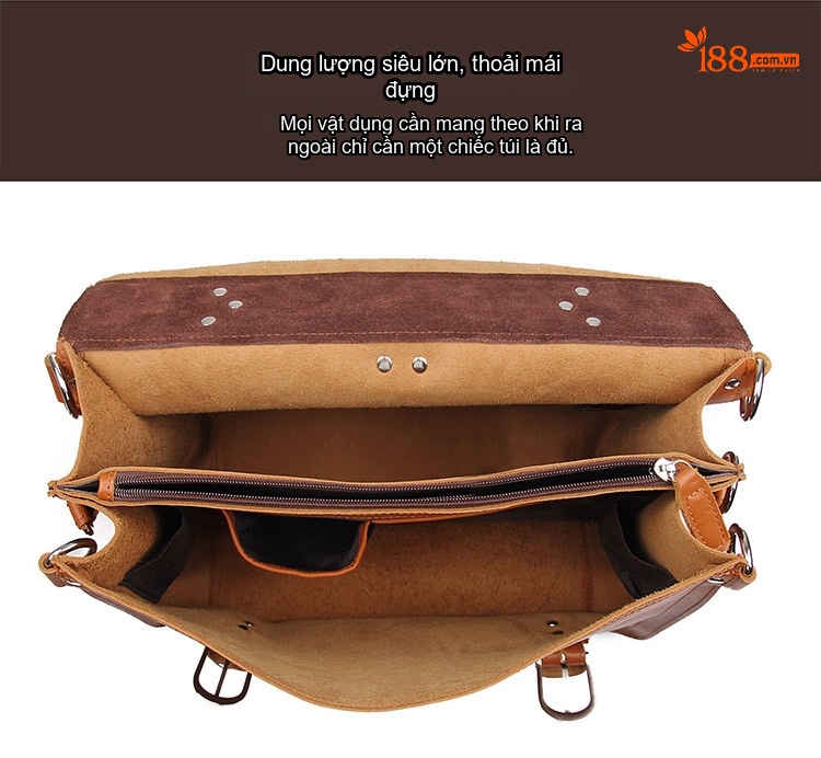 Cặp Túi Đeo Chéo Nam Da Thật Vintage Chống Mòn, Chống Nước, Sức Chứa Lớn Màu Nâu chi tiết 8