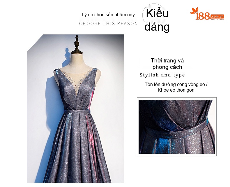 Váy Dạ Hội Dáng Dài Ôm Eo Cổ Chữ V Màu Xanh, Bạc chi tiết 3