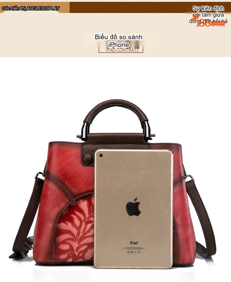 Túi Xách Nữ Da Bò Thủ Công Dập Hoa Phong Cách Retro Sức Chứa Lớn Đeo Chéo Màu Đỏ, Xám, Nâu, Xanh... chi tiết 5