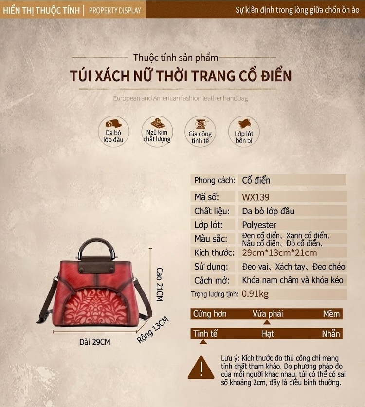 Túi Xách Nữ Da Bò Thủ Công Dập Hoa Phong Cách Retro Sức Chứa Lớn Đeo Chéo Màu Đỏ, Xám, Nâu, Xanh... chi tiết 2