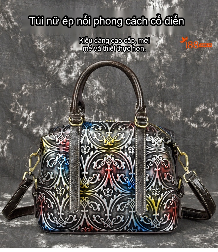 Túi Đeo Chéo Nữ Da Thật Vân Dập Nổi Phong Cách Âu Mỹ Màu Đỏ, Xanh Lá, Đen chi tiết 1