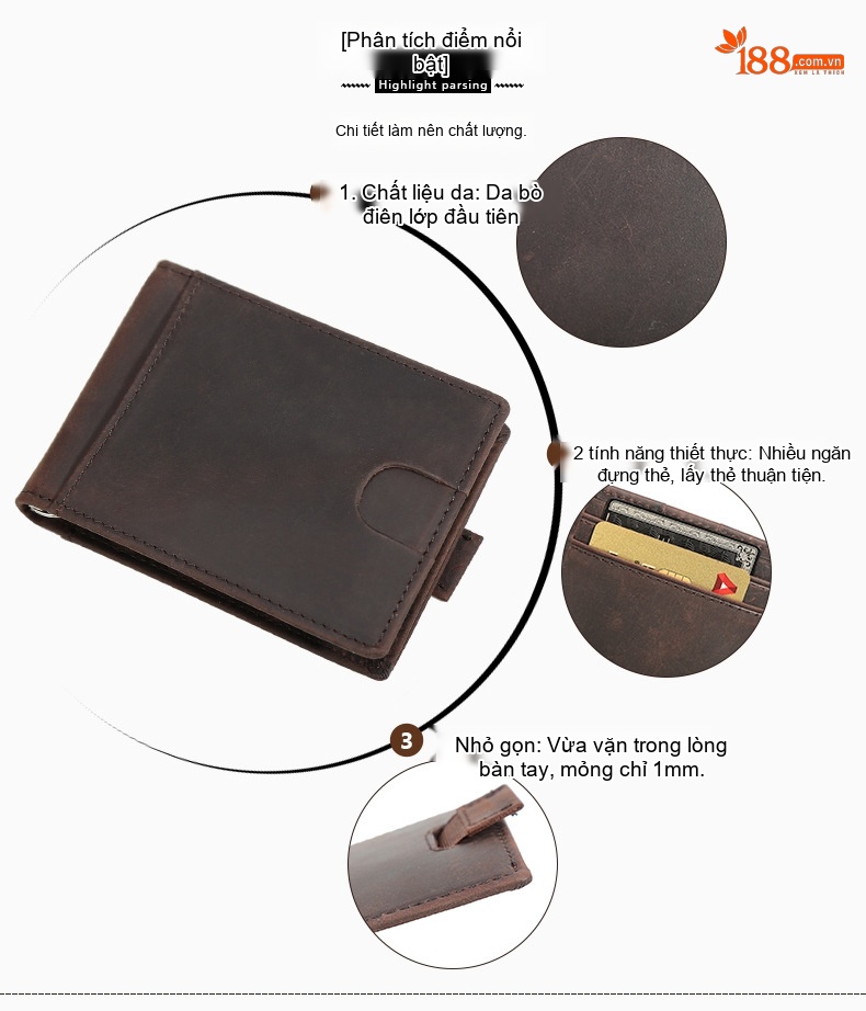 Ví Nam Da Bò Sáp Retro Đựng Thẻ Kéo Rút Chống RFID Màu Nâu chi tiết 3