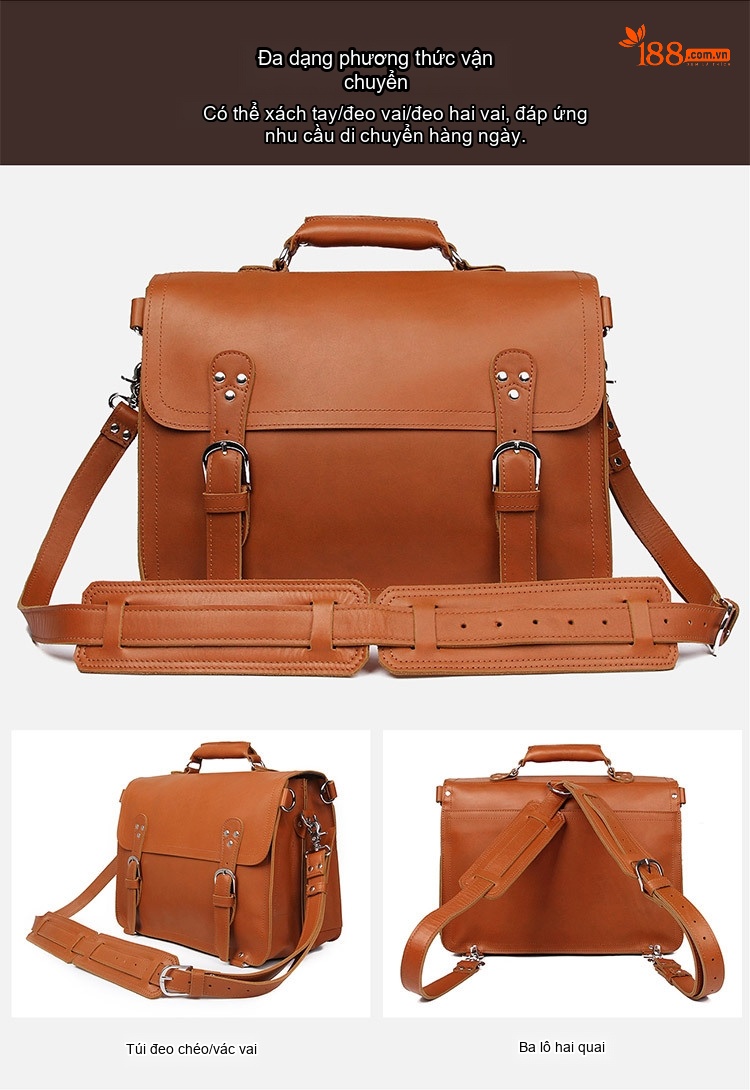 Cặp Túi Đeo Chéo Nam Da Thật Vintage Chống Mòn, Chống Nước, Sức Chứa Lớn Màu Nâu chi tiết 10