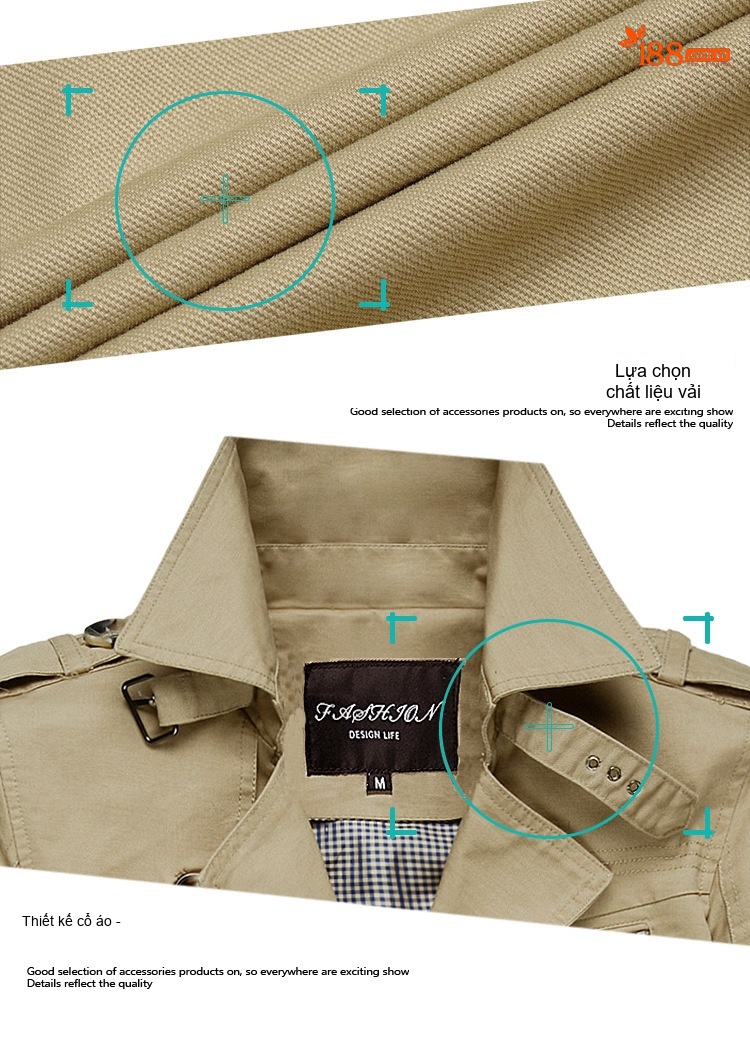 Áo Khoác Gió Nam Dáng Dài Cotton Mỏng Phong Cách Hàn Quốc Màu Be, Xanh Navy, Xanh Rêu, Nâu chi tiết 6