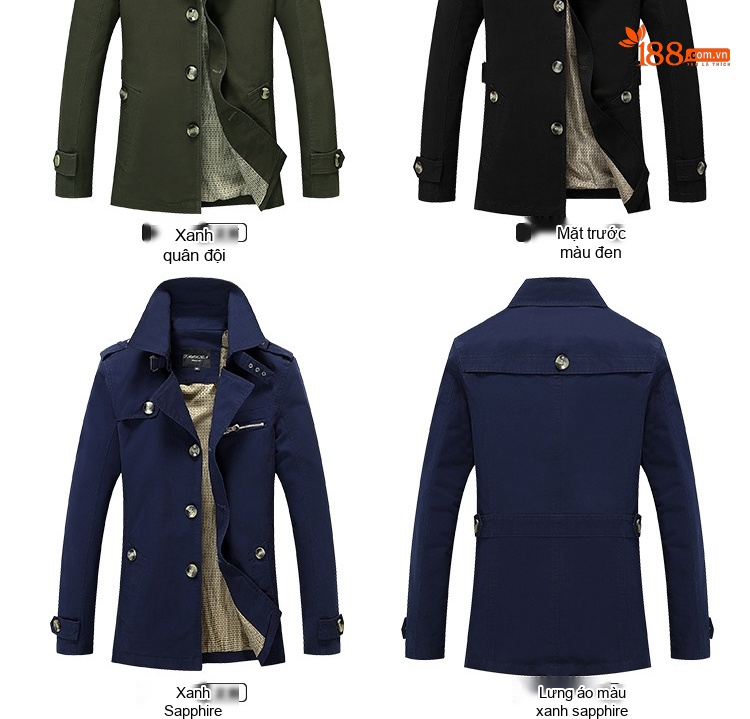 Áo Khoác Gió Nam Dáng Dài Cotton Mỏng Phong Cách Hàn Quốc Màu Be, Xanh Navy, Xanh Rêu, Nâu chi tiết 10
