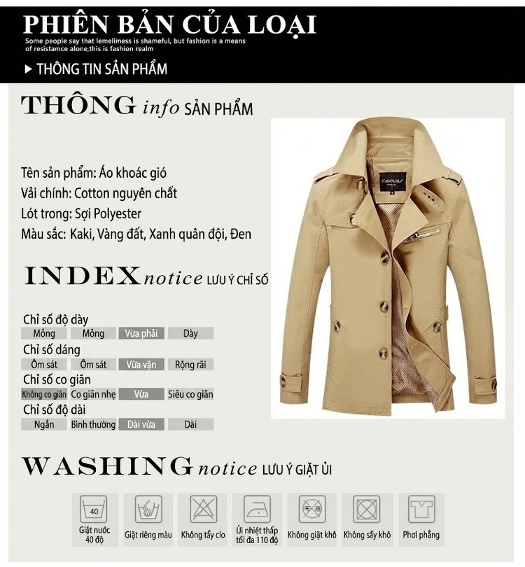 Áo Khoác Gió Nam Dáng Dài Cotton Mỏng Phong Cách Hàn Quốc Màu Be, Xanh Navy, Xanh Rêu, Nâu chi tiết 2