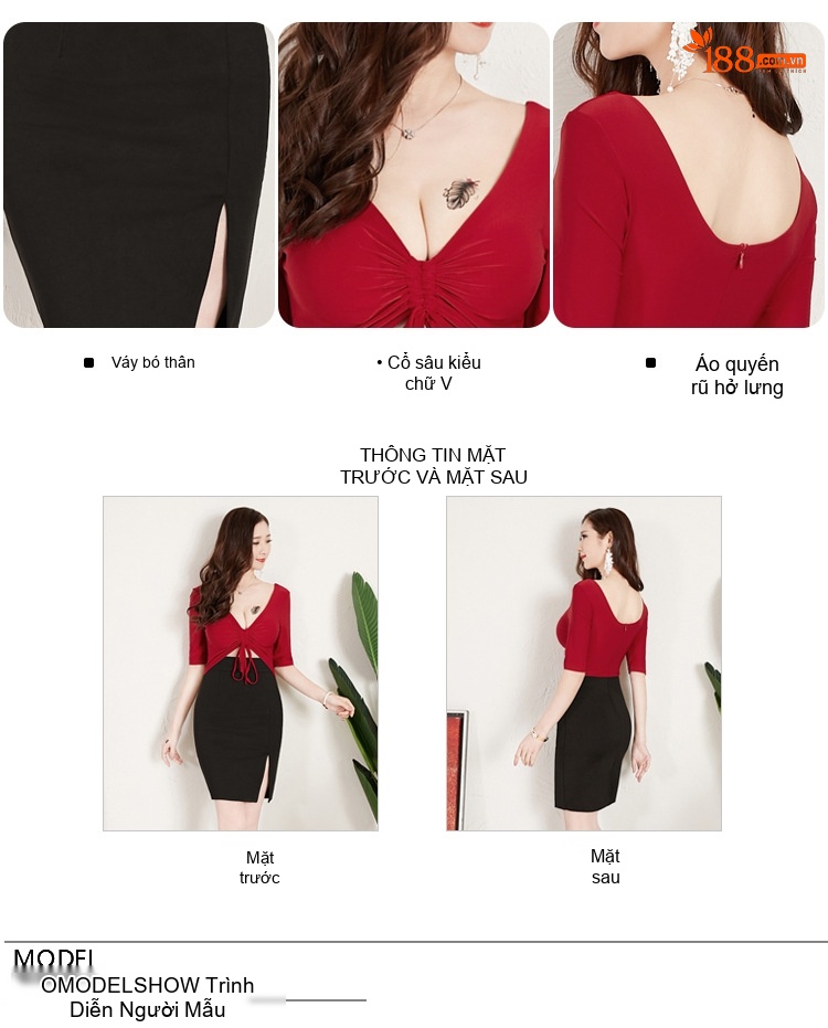 Váy Ngắn Tay Lỡ Ôm Body Xẻ Tà Cổ chữ V Chữ V Màu Đỏ, Đen chi tiết 3