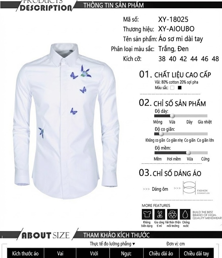 Áo Sơ Mi Nam Cotton Dài Tay Thêu Hoa 3D Chống Nhăn Màu Trắng, Đen chi tiết 3