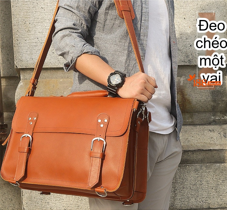 Cặp Túi Đeo Chéo Nam Da Thật Vintage Chống Mòn, Chống Nước, Sức Chứa Lớn Màu Nâu chi tiết 3