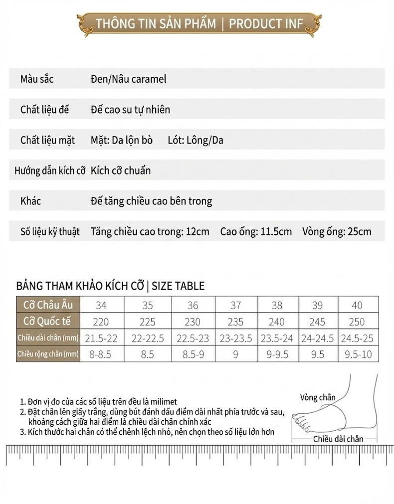 Boot Nữ Da Mờ Gót Xuồng Chiều Cao Đế Khoảng 12cm Màu Đen chi tiết 4