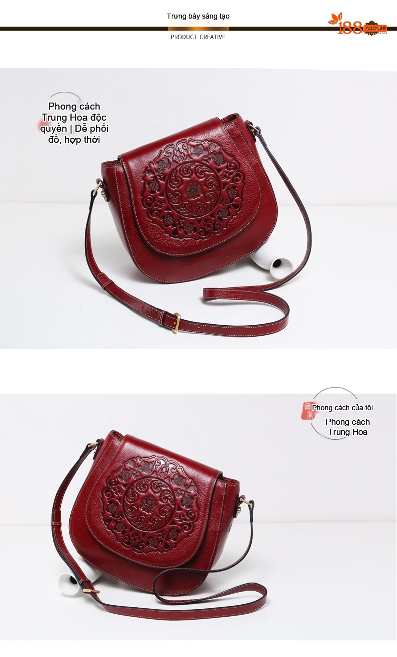 Túi Đeo Chéo Nữ Da Bò Thật Vintage Khắc Hoa Văn Phong Cách Trung Hoa, Túi Đeo Vai Nữ Sức Chứa Lớn Màu Đỏ chi tiết 2