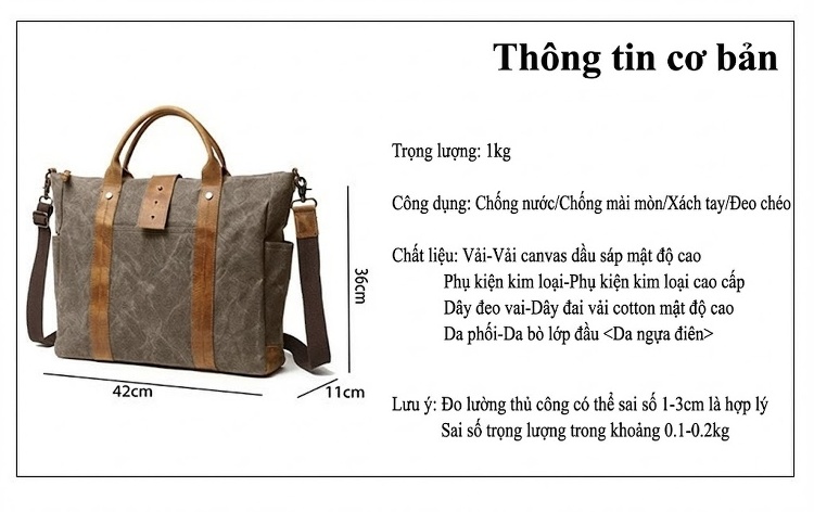 Túi Đeo Chéo/Xách Tay Nam Vải Canvas Chống Thấm Nước Dầu Sáp Đựng Laptop Công Sở Màu Nâu chi tiết 3