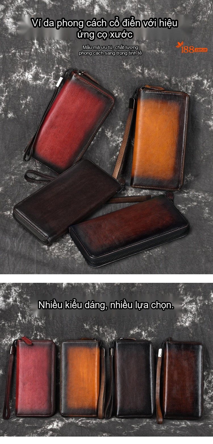 Ví Cầm Tay Nam Da Bò Khóa Kéo Phong Cách Retro Màu Đỏ, Nâu, Đen chi tiết 1
