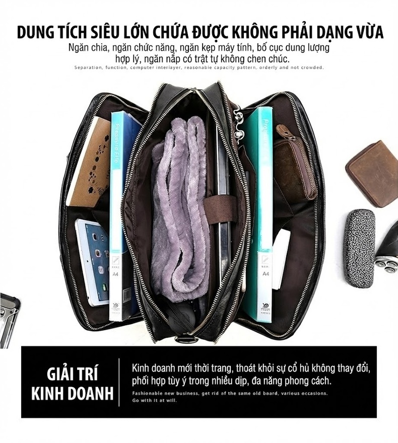 Túi Xách Tay Laptop Nam Da Bò Công Sở Đựng Tài Liệu 17 inch Màu Đen chi tiết 5