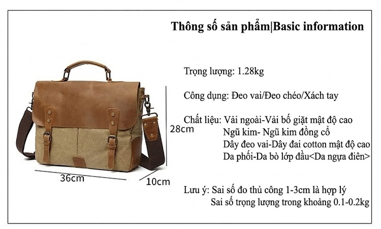Túi Đeo Chéo Nam Nữ Vải Canvas Kiểu Dáng Postman Thiết Kế Du Lịch, Chụp Ảnh Màu Nâu, Xanh Lá, Xám, Xanh Dương... chi tiết 4