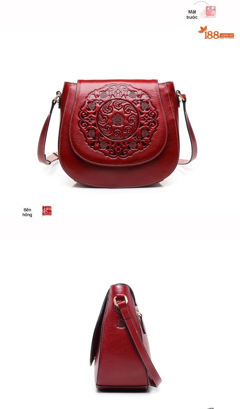 Túi Đeo Chéo Nữ Da Bò Thật Vintage Khắc Hoa Văn Phong Cách Trung Hoa, Túi Đeo Vai Nữ Sức Chứa Lớn Màu Đỏ chi tiết 4