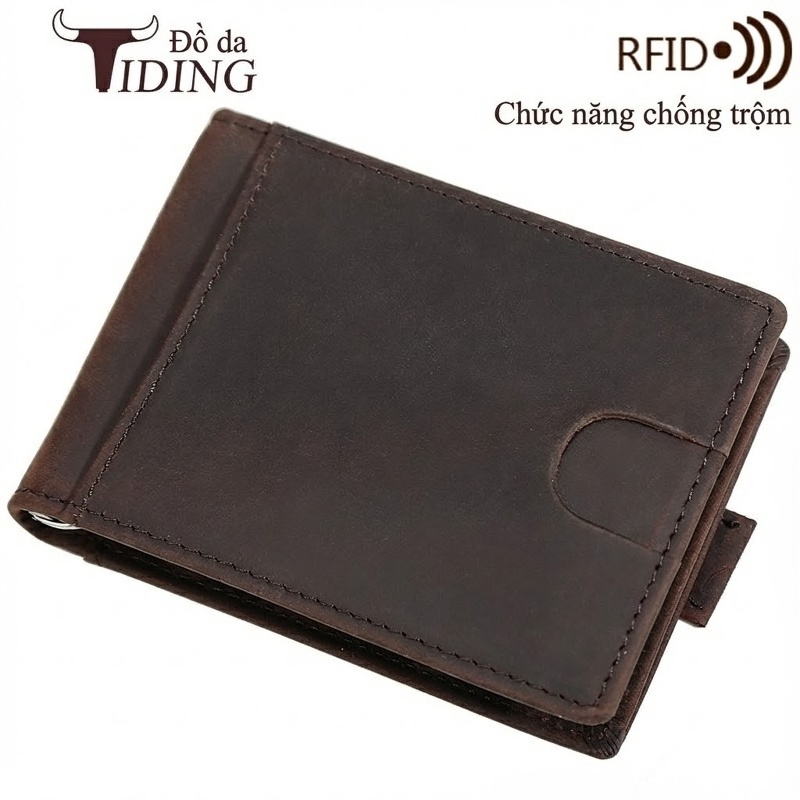 Ví Nam Da Bò Sáp Retro Đựng Thẻ Kéo Rút Chống RFID Màu Nâu