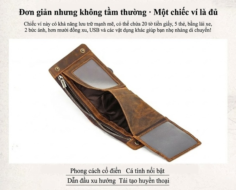Ví Nam Da Thật Khóa Kéo Gập Đôi Phong Cách Retro Màu Nâu chi tiết 4