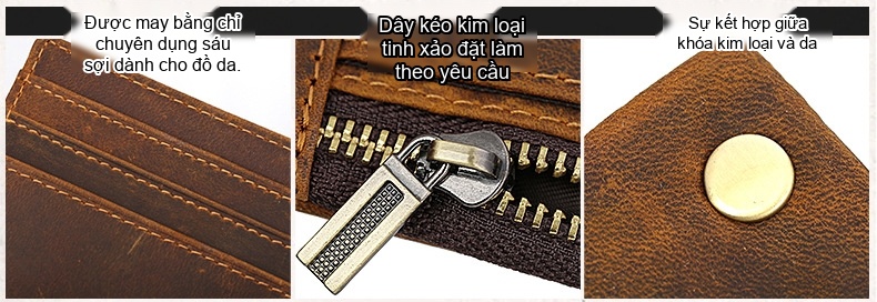 Ví Nam Da Thật Khóa Kéo Gập Đôi Phong Cách Retro Màu Nâu chi tiết 2