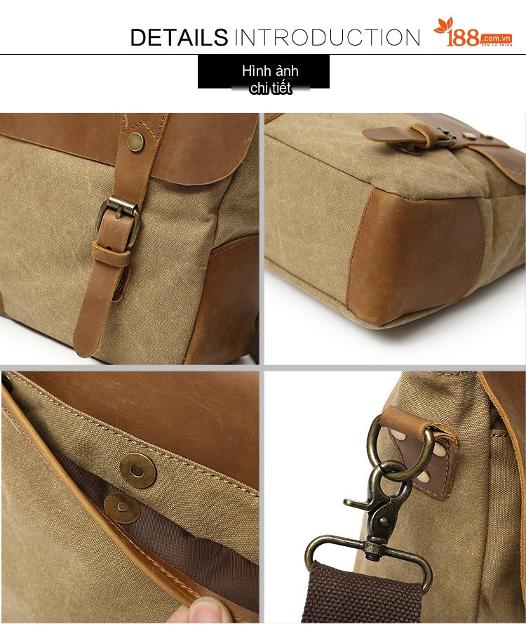 Túi Đeo Chéo Nam Nữ Vải Canvas Kiểu Dáng Postman Thiết Kế Du Lịch, Chụp Ảnh Màu Nâu, Xanh Lá, Xám, Xanh Dương... chi tiết 12