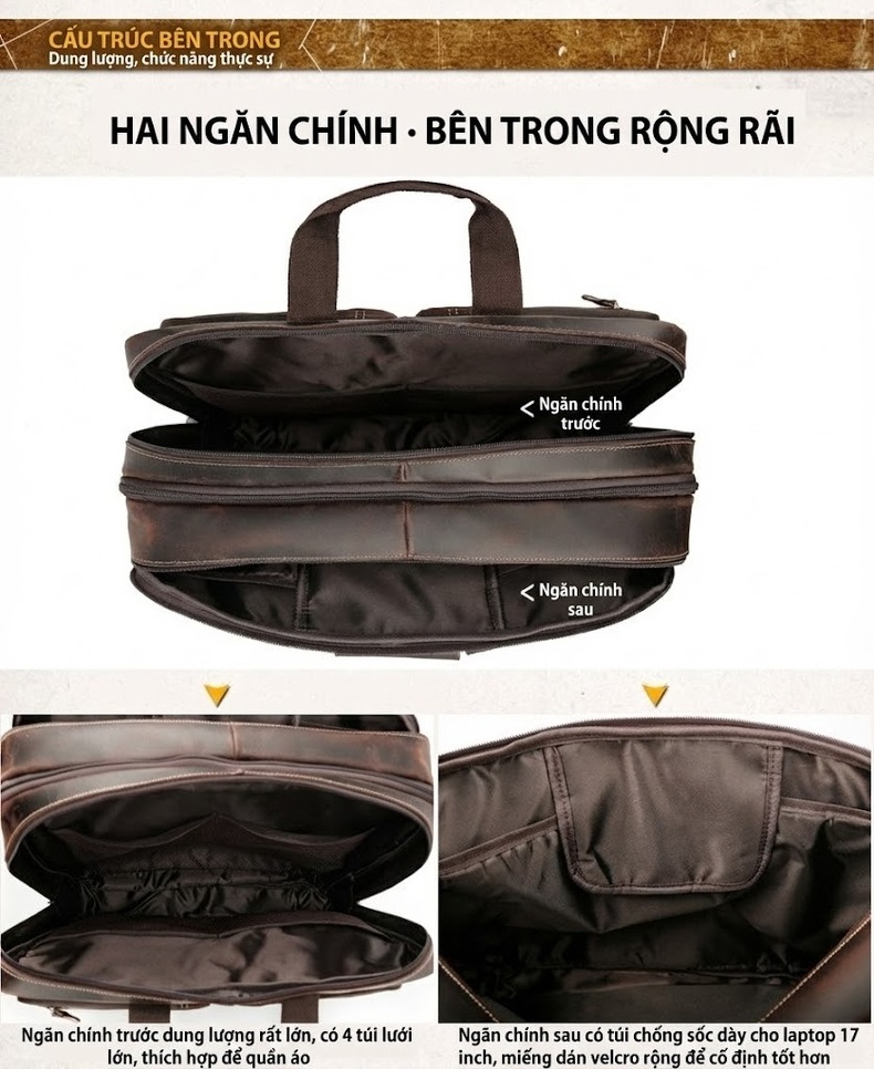Cặp Công Sở Nam Da Thật Sức Chứa Lớn Đựng Laptop 17 Inch Đeo Vai Đeo Chéo Màu Nâu chi tiết 11