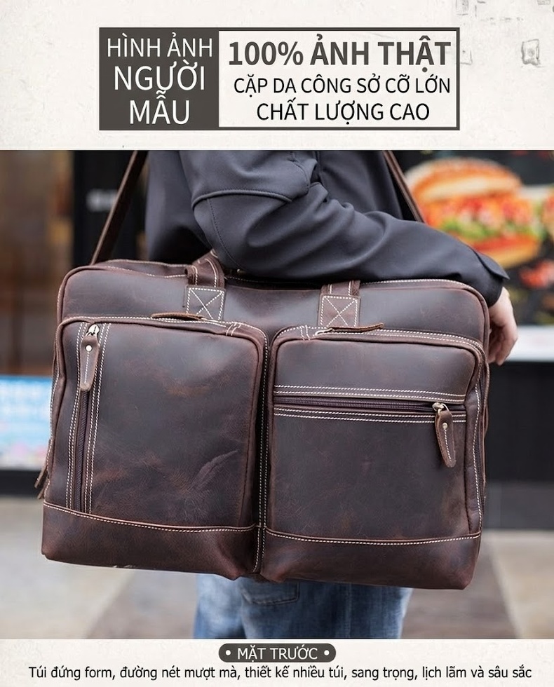 Cặp Công Sở Nam Da Thật Sức Chứa Lớn Đựng Laptop 17 Inch Đeo Vai Đeo Chéo Màu Nâu chi tiết 8