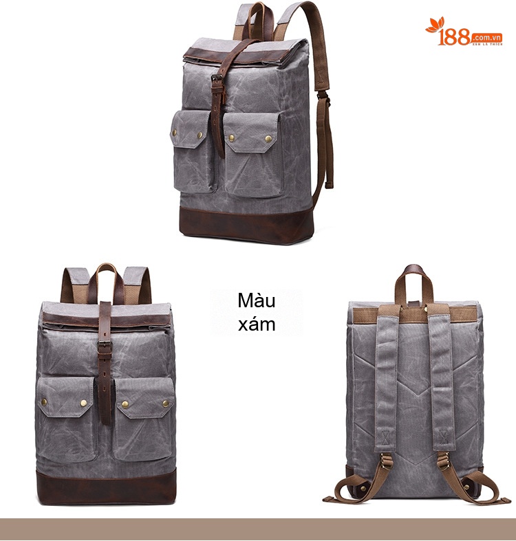 Balo Đeo Vai Vải Canvas Dầu Sáp Chống Nước Phối Da Thật Sức Chứa Lớn Màu Xám, Be, Xanh Rêu, Đen chi tiết 5