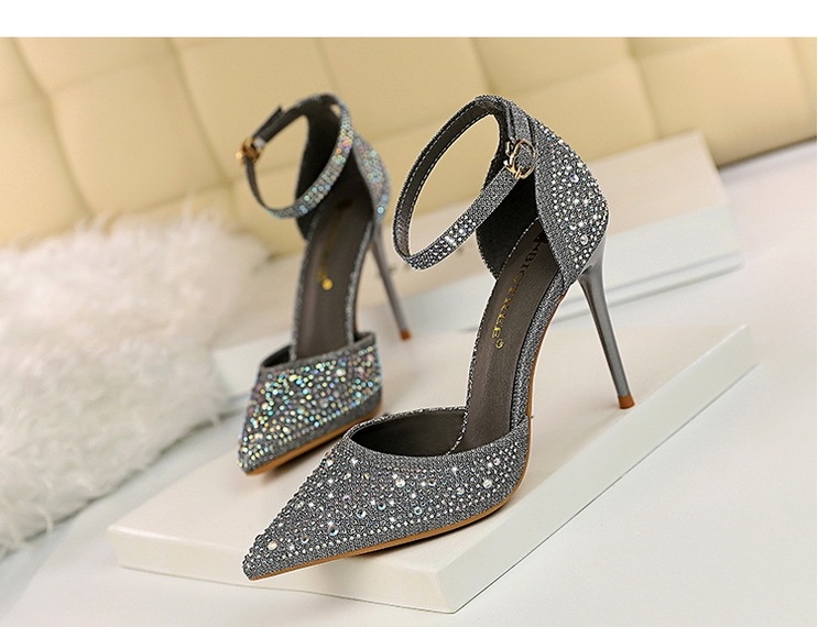 Giày Cao Gót Nữ Mũi Nhọn Hở Lưng Quai Ngang Đính Đá Lấp Lánh Chiều Cao Đế Khoảng 8cm Màu Trắng, Đen, Vàng, Hồng... chi tiết 15