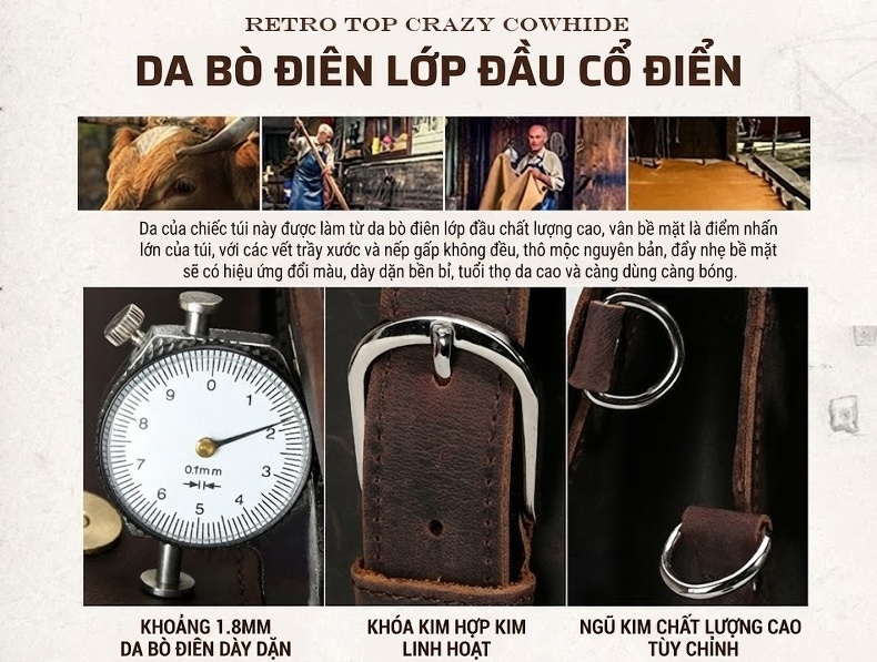Túi Đeo Vai/Đeo Chéo/Xách Tay Nam Da Thật Phong Cách Âu Mỹ Màu Nâu chi tiết 13
