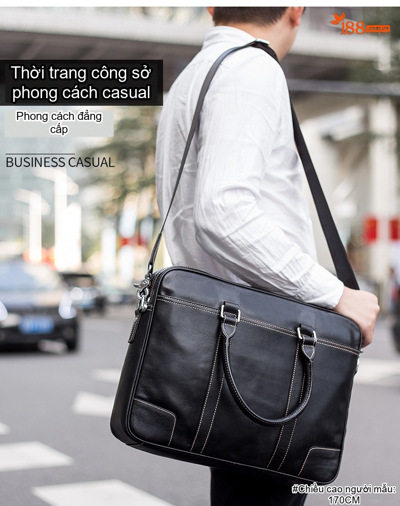 Cặp Công Sở Nam Da Bò Đeo Chéo Đựng Laptop 14 Inch Màu Đen chi tiết 3