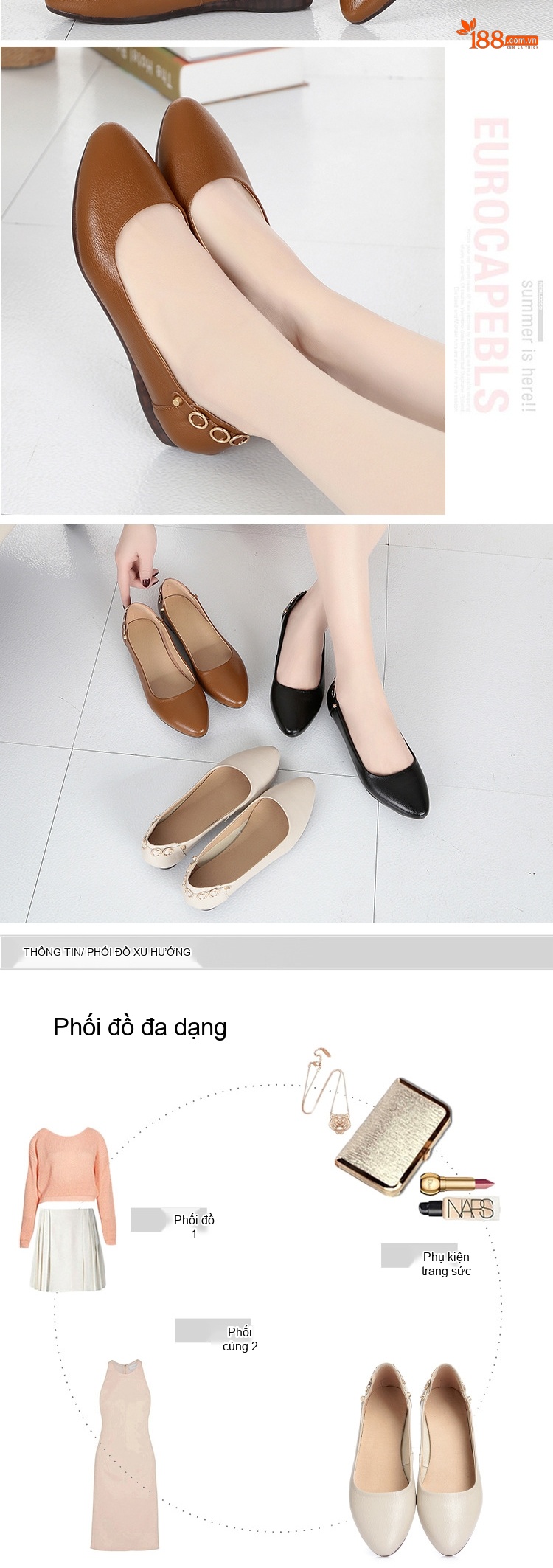 Giày Búp Bê Nữ Da Mềm Chiều Cao Đế Khoảng 1cm Màu Be, Nâu, Đen chi tiết 13