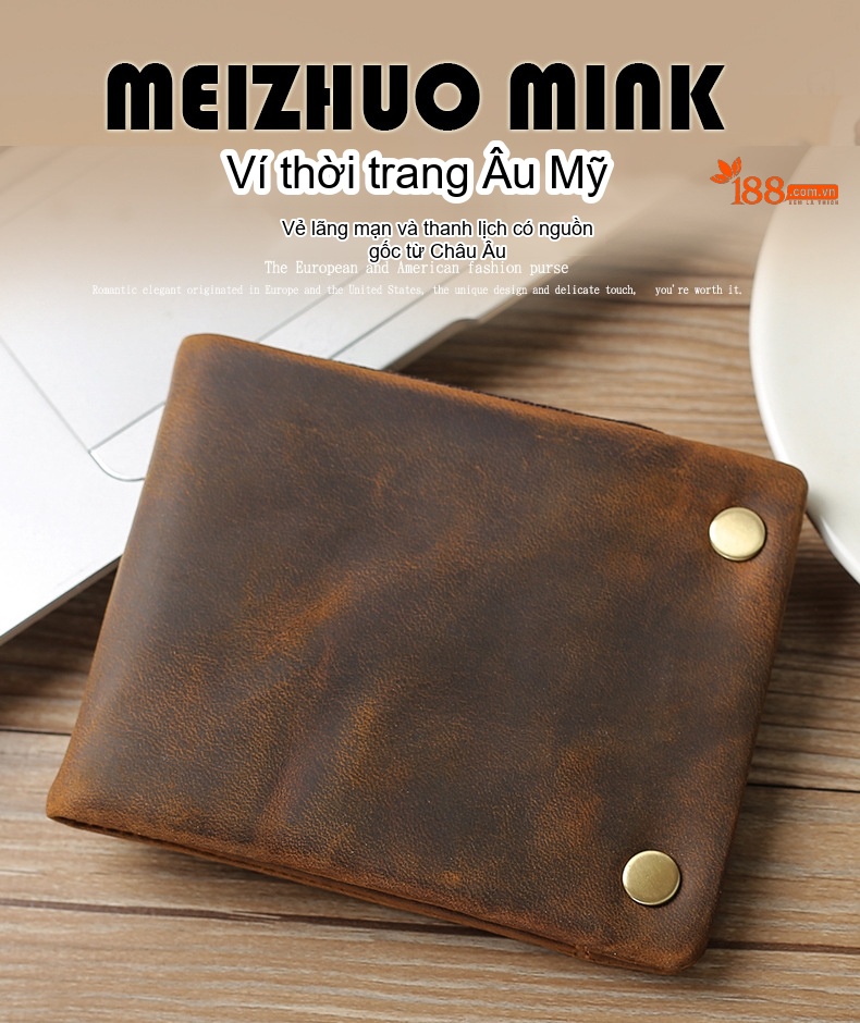 Ví Nam Da Thật Khóa Kéo Gập Đôi Phong Cách Retro Màu Nâu chi tiết 1