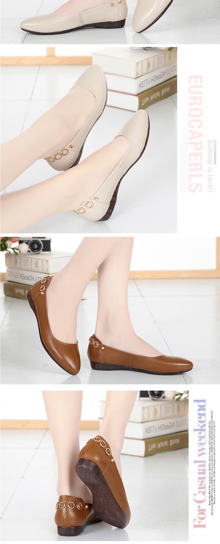 Giày Búp Bê Nữ Da Mềm Chiều Cao Đế Khoảng 1cm Màu Be, Nâu, Đen chi tiết 11