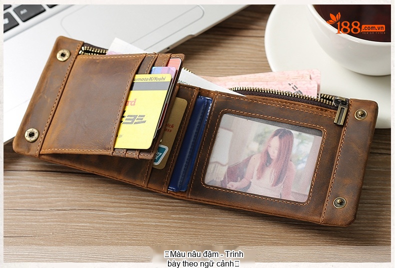 Ví Nam Da Thật Khóa Kéo Gập Đôi Phong Cách Retro Màu Nâu chi tiết 15
