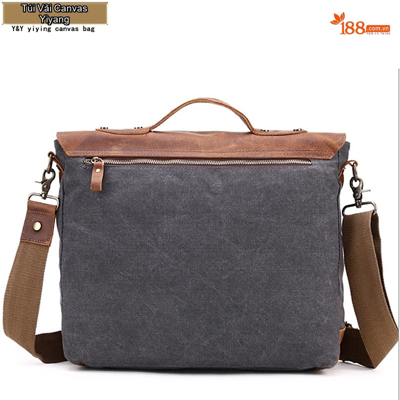 Túi Đeo Vai Nam Da Thật Vải Canvas Túi Đựng Laptop Công Sở Màu Xám, Nâu