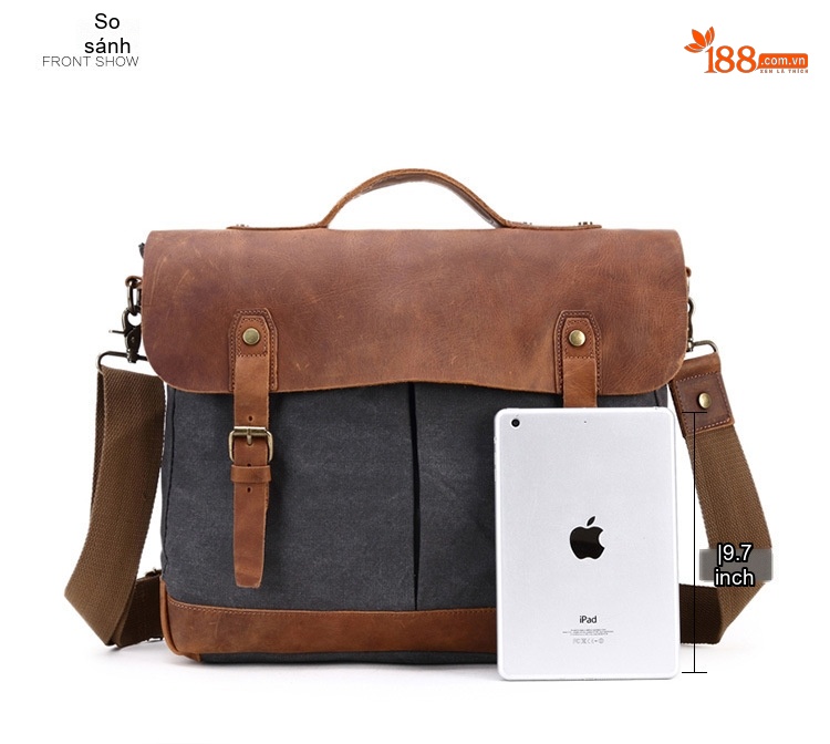 Túi Đeo Vai Nam Da Thật Vải Canvas Túi Đựng Laptop Công Sở Màu Xám, Nâu chi tiết 13