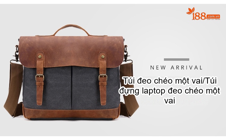 Túi Đeo Vai Nam Da Thật Vải Canvas Túi Đựng Laptop Công Sở Màu Xám, Nâu chi tiết 3