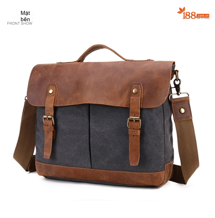 Túi Đeo Vai Nam Da Thật Vải Canvas Túi Đựng Laptop Công Sở Màu Xám, Nâu chi tiết 10