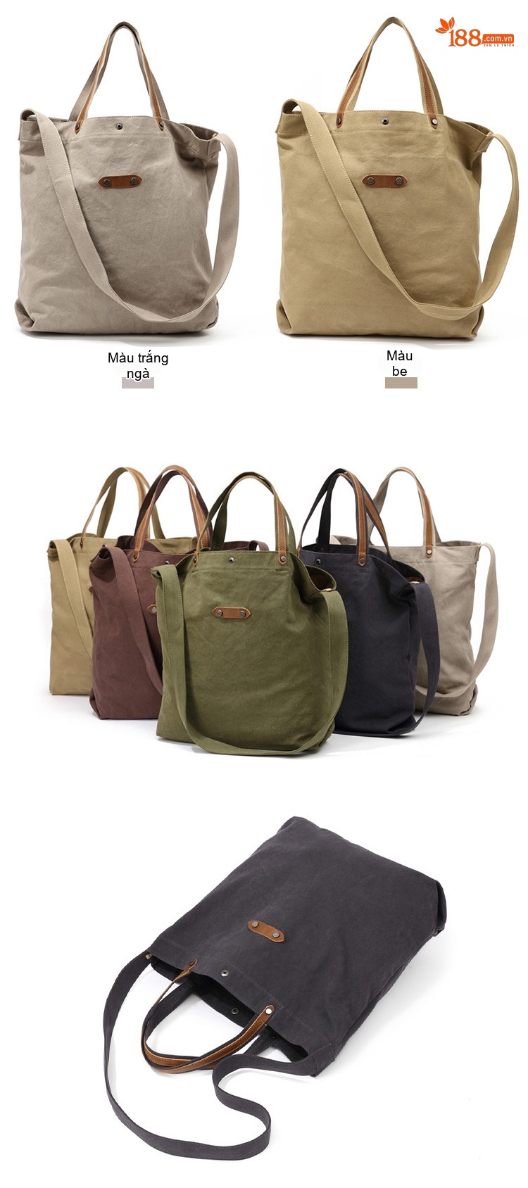 Túi Vải Canvas Khóa Cài Dáng Tote Vintage Đeo Vai, Xách Tay, Đeo Chéo Màu Đen, Kem, Xanh, Nâu... chi tiết 6