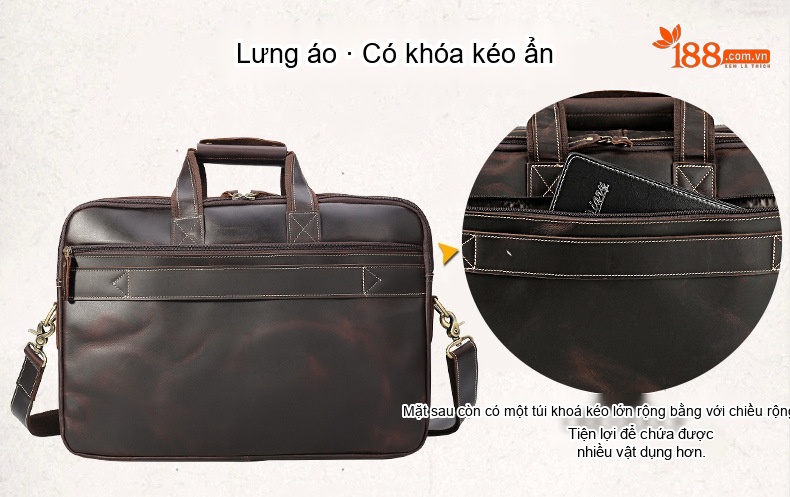 Cặp Công Sở Nam Da Thật Sức Chứa Lớn Đựng Laptop 17 Inch Đeo Vai Đeo Chéo Màu Nâu chi tiết 13