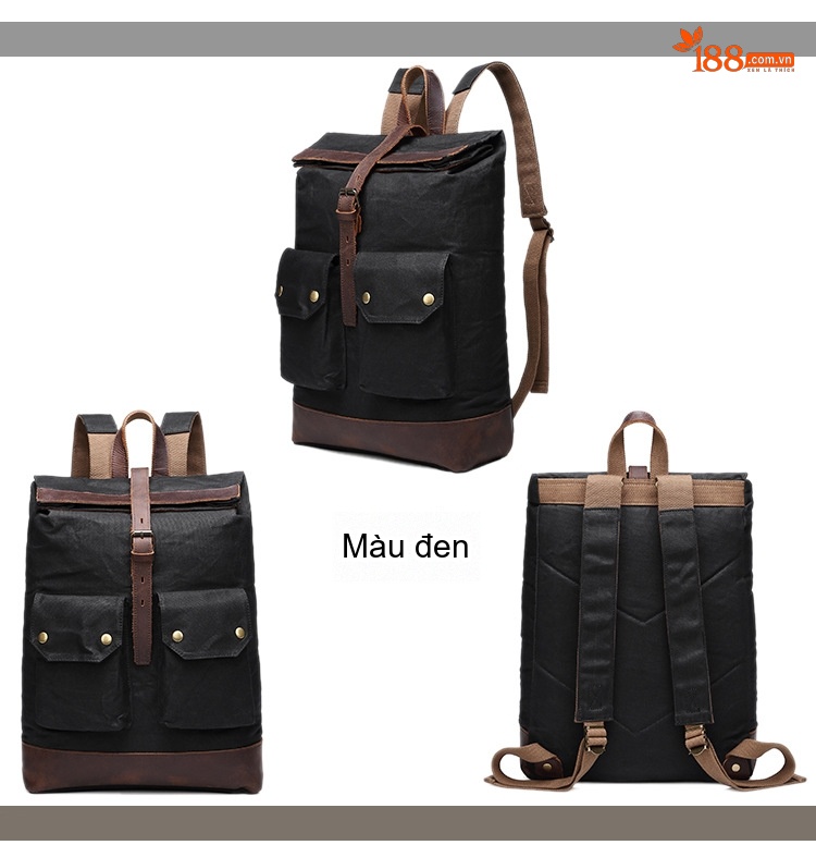 Balo Đeo Vai Vải Canvas Dầu Sáp Chống Nước Phối Da Thật Sức Chứa Lớn Màu Xám, Be, Xanh Rêu, Đen chi tiết 3
