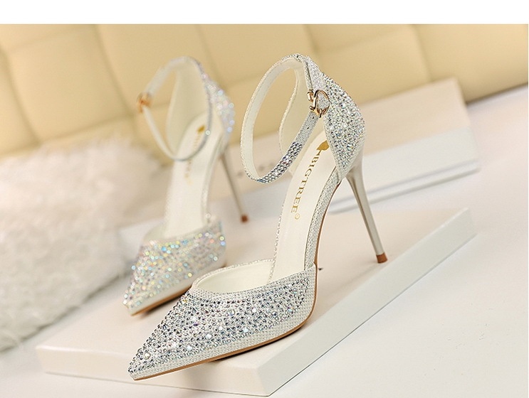 Giày Cao Gót Nữ Mũi Nhọn Hở Lưng Quai Ngang Đính Đá Lấp Lánh Chiều Cao Đế Khoảng 8cm Màu Trắng, Đen, Vàng, Hồng... chi tiết 1