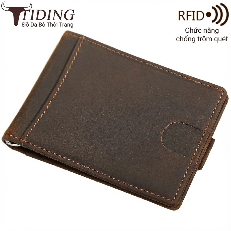 Ví Nam Da Bò Sáp Retro Đựng Thẻ Kéo Rút Chống RFID Màu Nâu