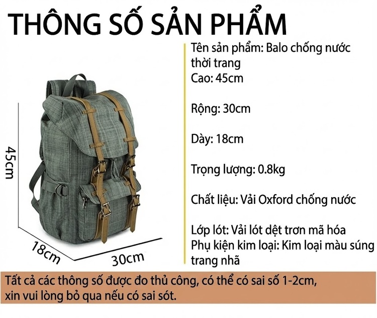 Balo Vải Oxford Chống Nước Nam Ba Lô Du Lịch Laptop Chống Mài Mòn Màu Nâu, Xám, Xanh... chi tiết 4