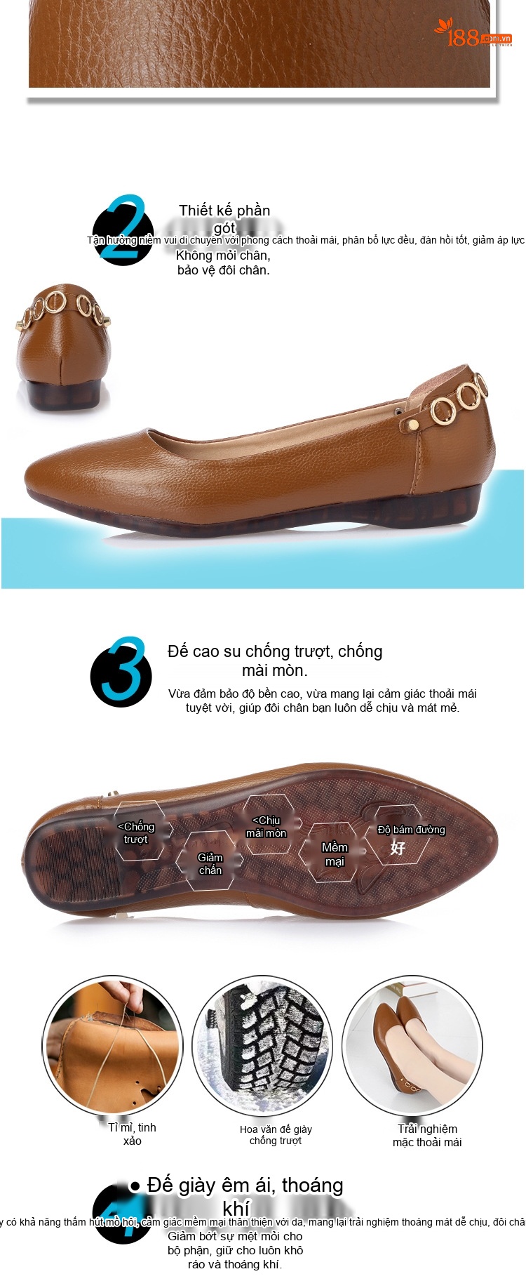 Giày Búp Bê Nữ Da Mềm Chiều Cao Đế Khoảng 1cm Màu Be, Nâu, Đen chi tiết 3